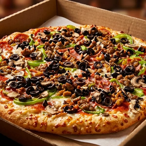 A supreme pizza with pepperoni, sausage, mushrooms, green peppers, and black olives in a box.