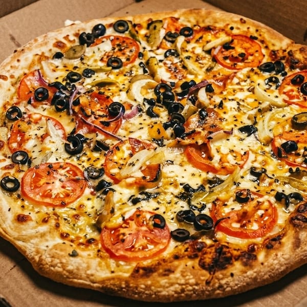A freshly baked pizza with tomatoes, olives, and onions in a cardboard delivery box.
