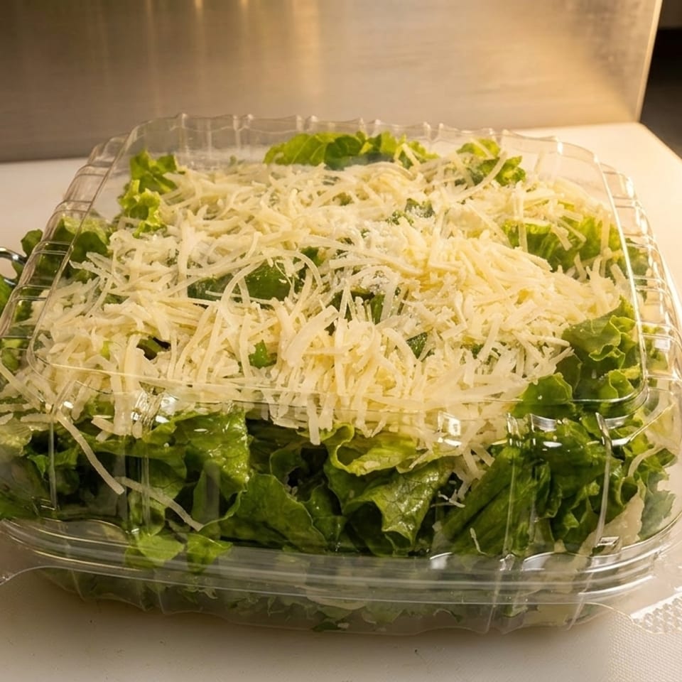 Fresh Caesar salad with shredded Parmesan cheese in a clear plastic to-go container.