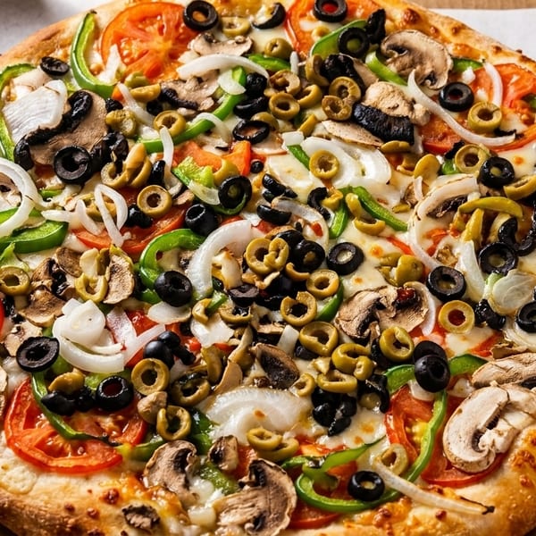 A freshly baked pizza in a cardboard box, topped with tomatoes, onions, mushrooms, and olives.