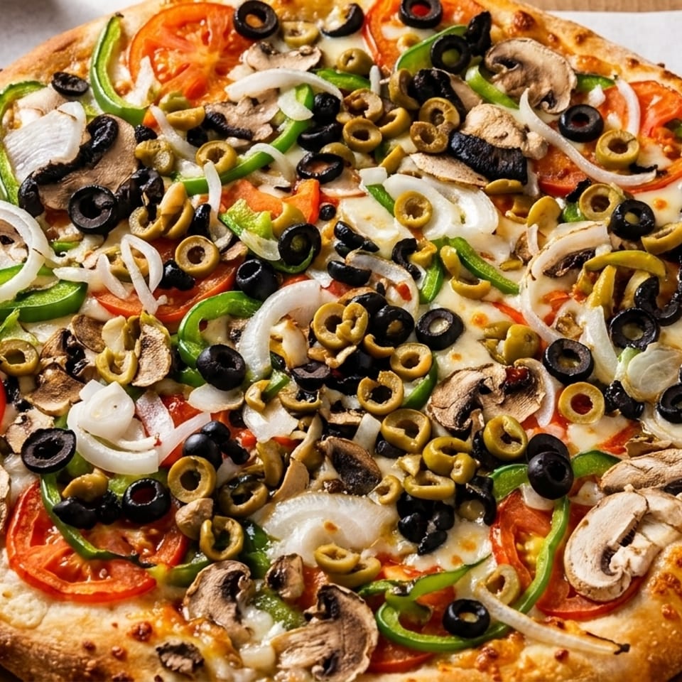 A freshly baked pizza in a cardboard box, topped with tomatoes, onions, mushrooms, and olives.