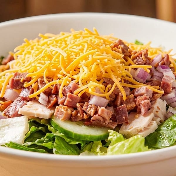 A vibrant salad with lettuce, cucumbers, red onion, chicken, bacon, and shredded cheddar cheese.