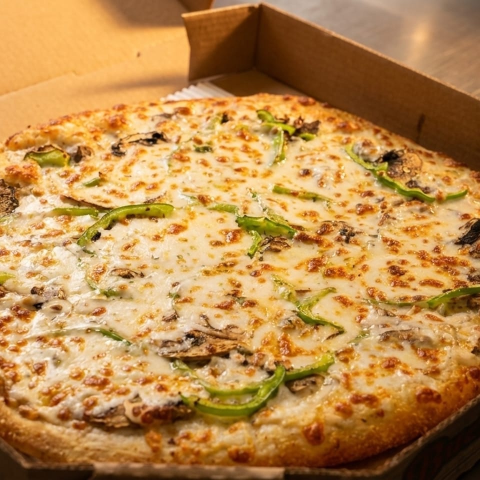 A whole pizza with melted cheese, green peppers, and mushrooms in a cardboard box.
