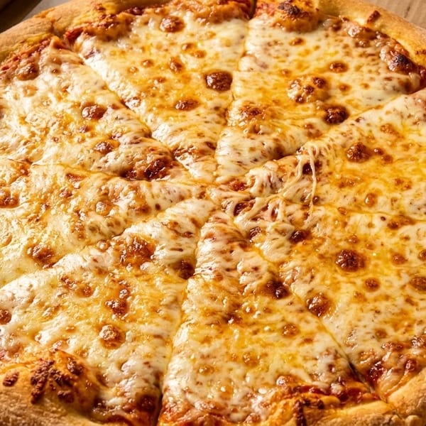 A freshly baked cheese pizza, sliced into eight pieces, sits in a cardboard delivery box.
