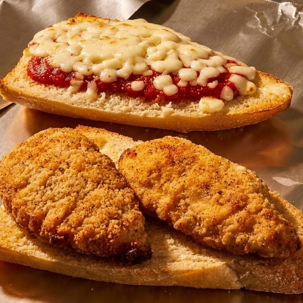 Two open-faced sandwiches on foil: one with melted cheese and red sauce, the other with fried chicken.