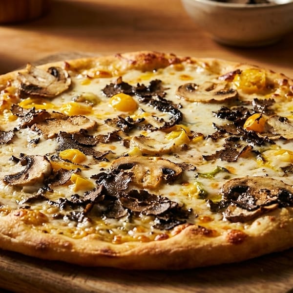 A gourmet pizza with mushrooms, truffle shavings, and yellow peppers on a wooden board.