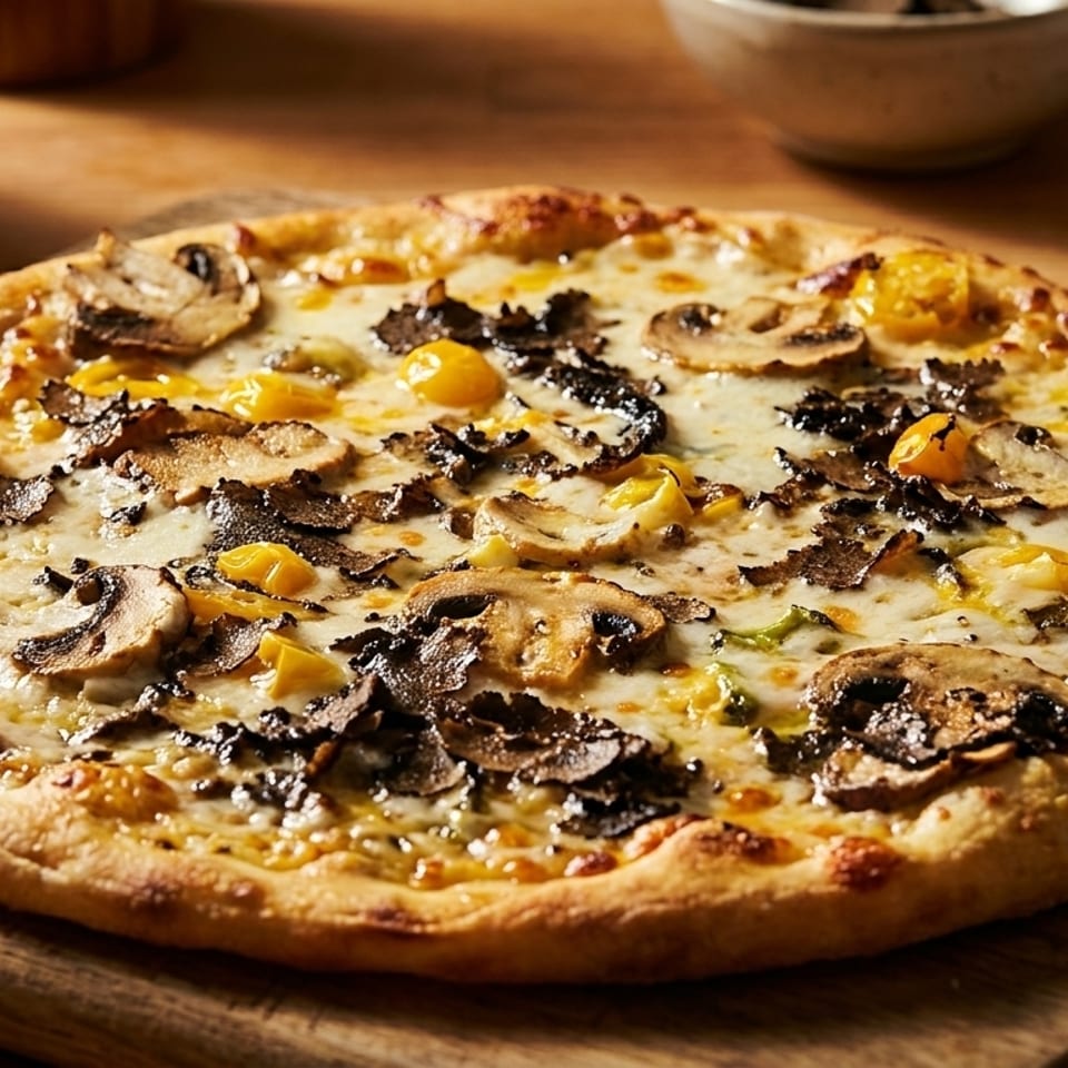 A gourmet pizza with mushrooms, truffle shavings, and yellow peppers on a wooden board.