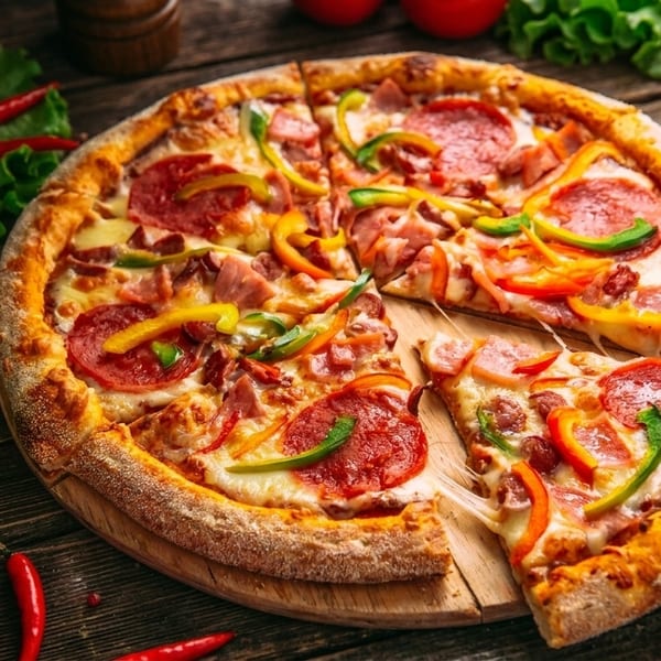 A whole pepperoni and bell pepper pizza with one slice pulled away, on a wooden table.