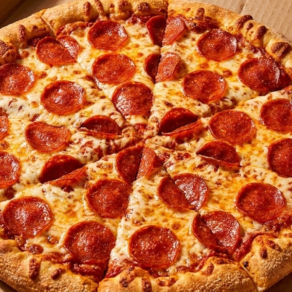 A whole pepperoni pizza, cut into slices, sits in a cardboard delivery box.