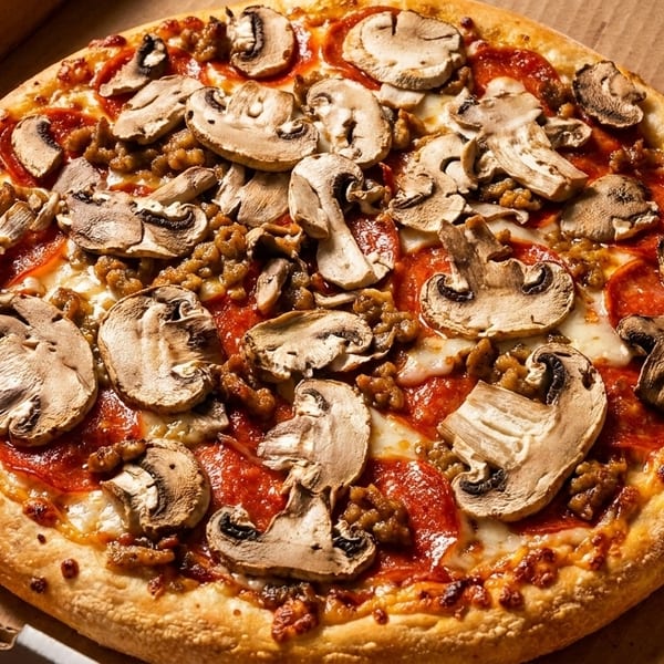 A whole pizza with mushrooms, sausage, and pepperoni in a cardboard delivery box.