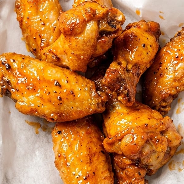 Close-up of several golden-brown chicken wings, glistening with sauce, served in a white paper-lined basket.