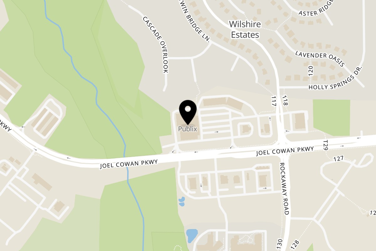 Map showing the location of Buck's Pizza on 1200 Hwy 74 S in Peachtree City